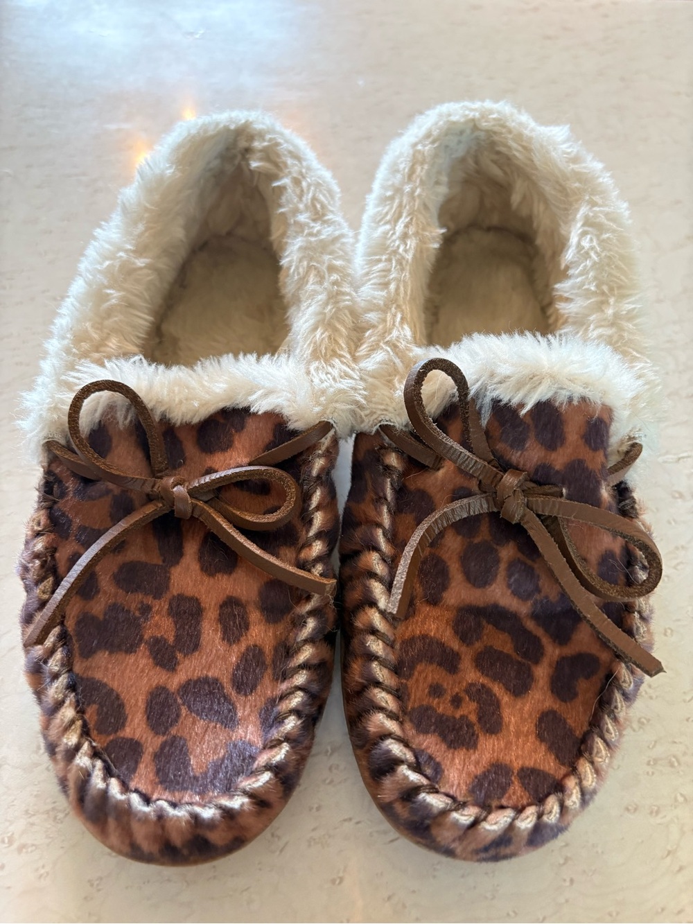 J Crew Leopard Print Faux Fur Lined Women's Moccasin Slippers
